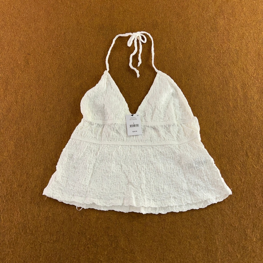 Cotton On Womens Small White Heidi Tie Front Halter Textured Babydoll Top NWT